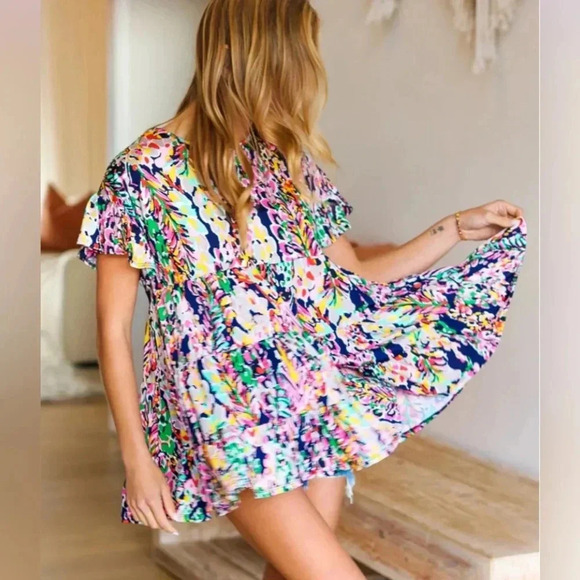 BEESON RIVER Sunny Days Navy Floral Top Tiered Ruffle Sleeve Tunic New - Picture 3 of 6